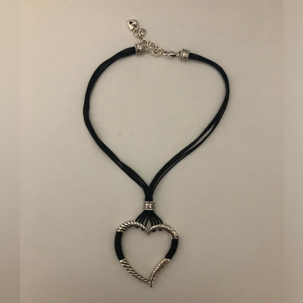 Brighton Black And Silver Heart Necklace Adjustable Black Cord Choker